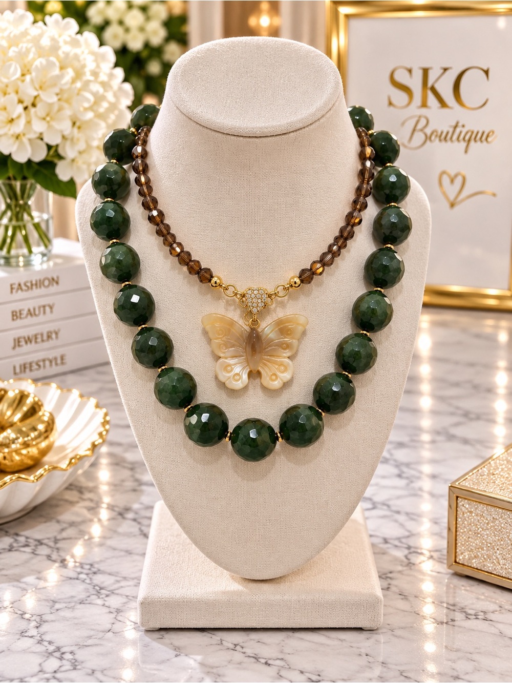 Green Beaded Necklace with Butterfly Pearl Pendant